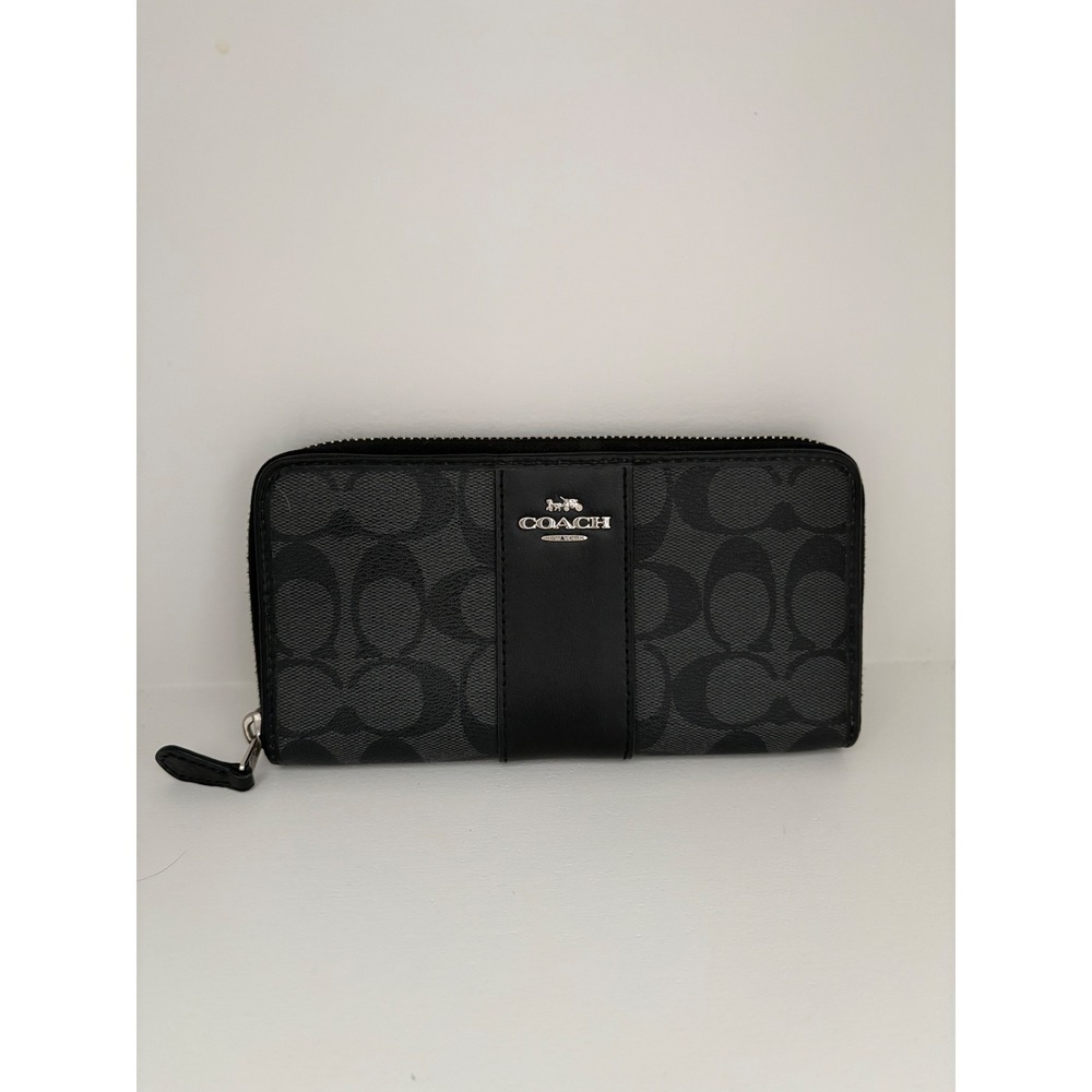 Coach Signature Accordion Zip Wallet Charcoal Black Canvas Leather F54630